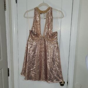 Free People Film Noir Sequin Mini Dress In Rose Gold Sequin Lined Open Back 🏖